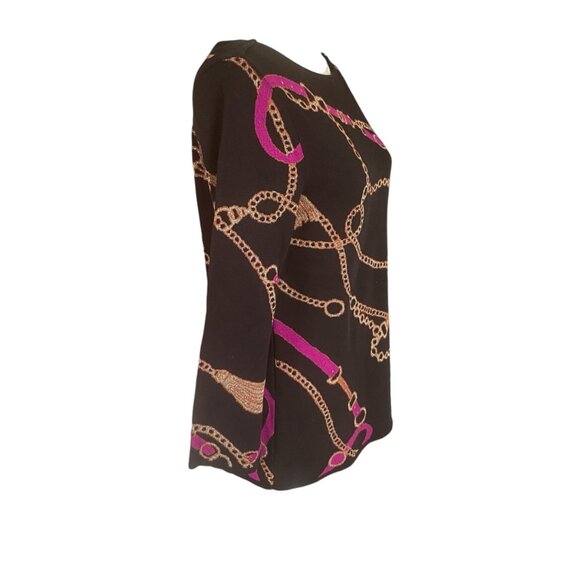 Chico's women's size 0 black pink and gold long sleeve stretchy sweater pullover - Picture 2 of 8